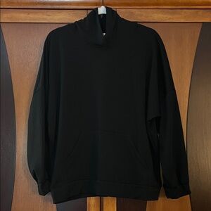 Les Amis Black Hoodie with Kangaroo Pocket, Bottom Band, Long Dolman Sleeves